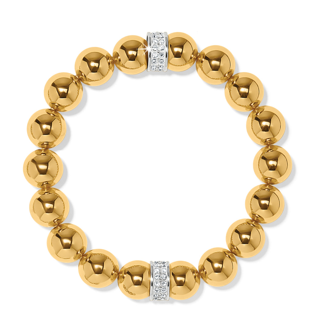 Gold beaded bracelet with diamond-studded clasp on a white background
