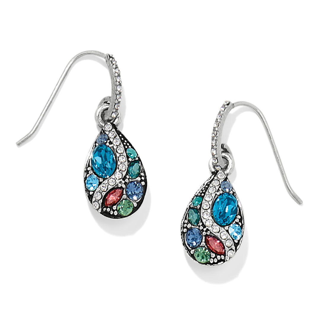 Teardrop-shaped earrings with colorful gemstones on a white background