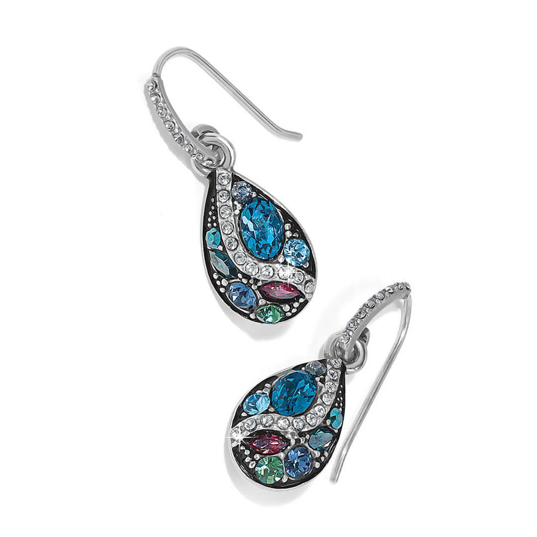 Teardrop-shaped earrings with multicolored gemstones on a white background