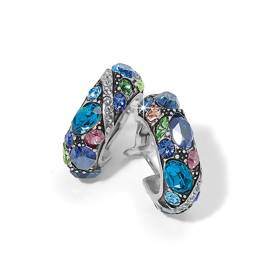 Multicolored gemstone hoop earrings on a white background