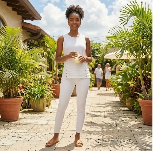 Woman in white outfit standing outdoors with plants and people in the background