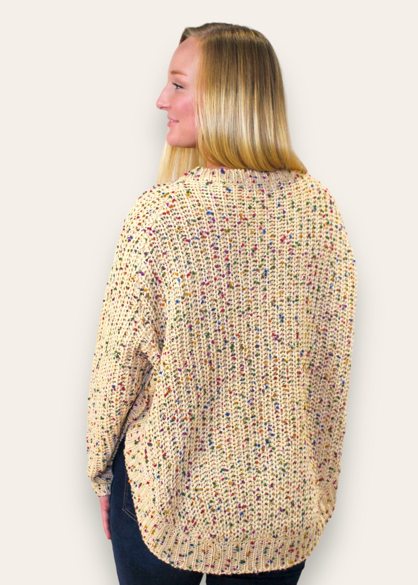 The Dot Waffle Weave Sweater. A back view.