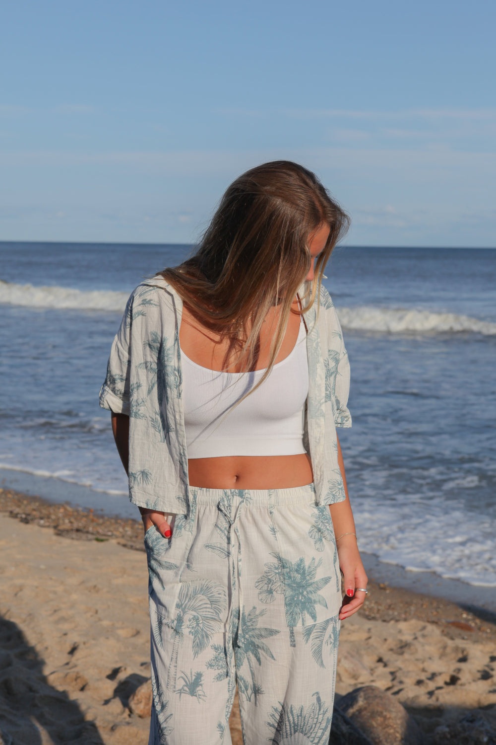 Cali Cropped Shirt in Faded Teal Palms from KADOU Boutique
