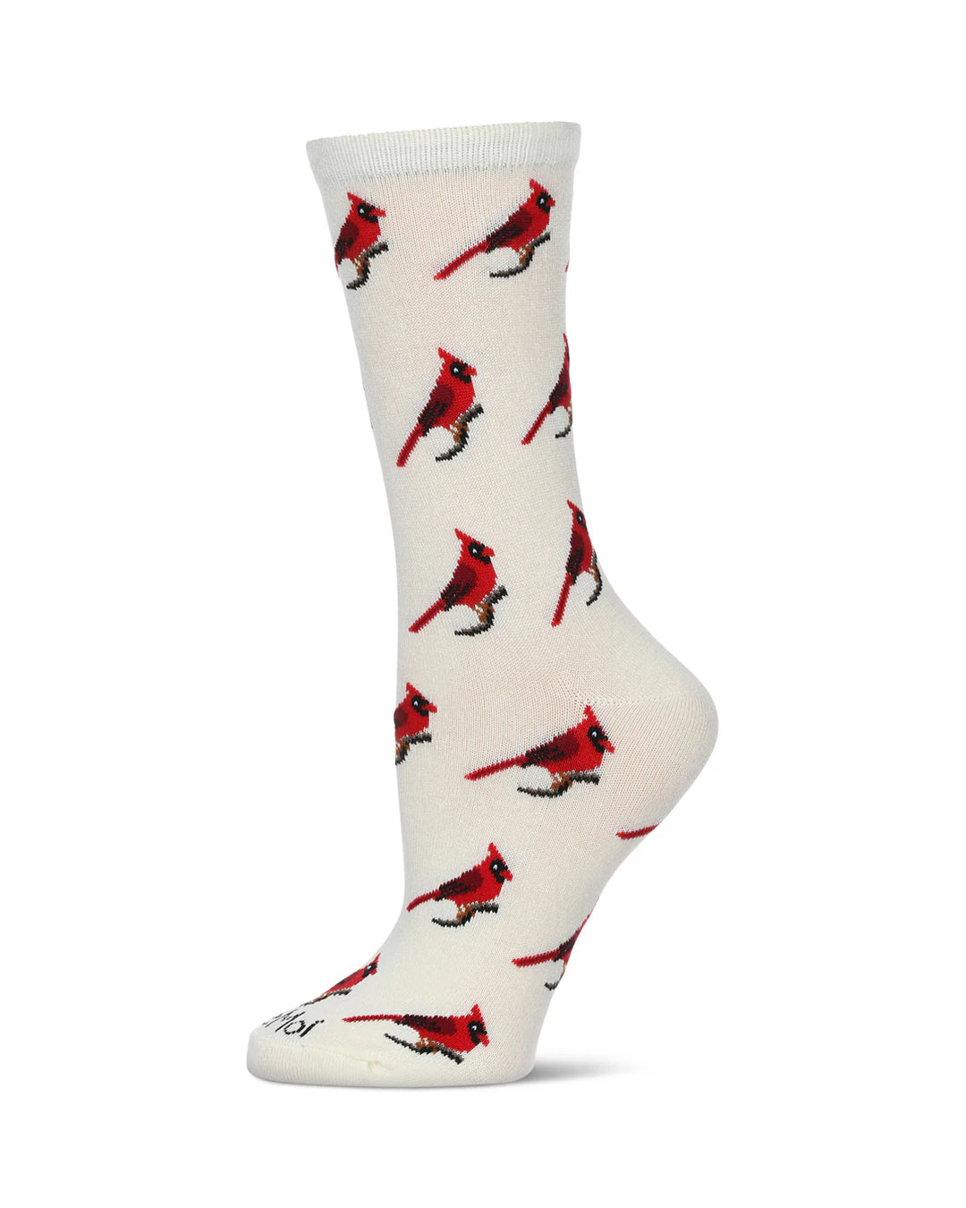 White socks with red cardinal bird pattern on a white background