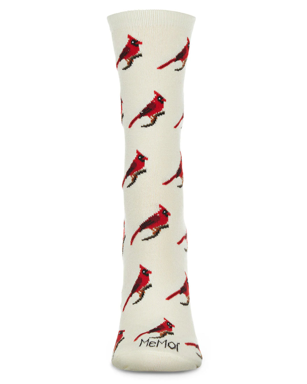 White sock with red cardinal bird pattern on a white background