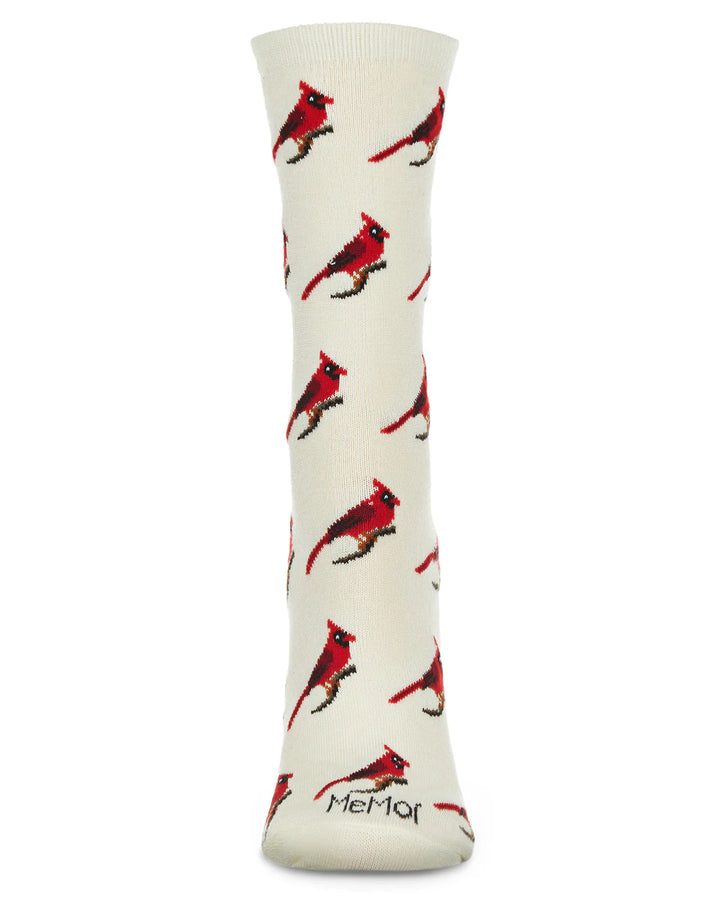 White sock with red cardinal bird pattern on a white background