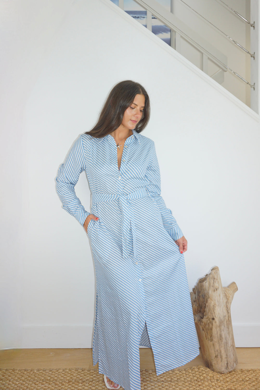 Caspian Dress in Blue Bias Stripe from KADOU Boutique