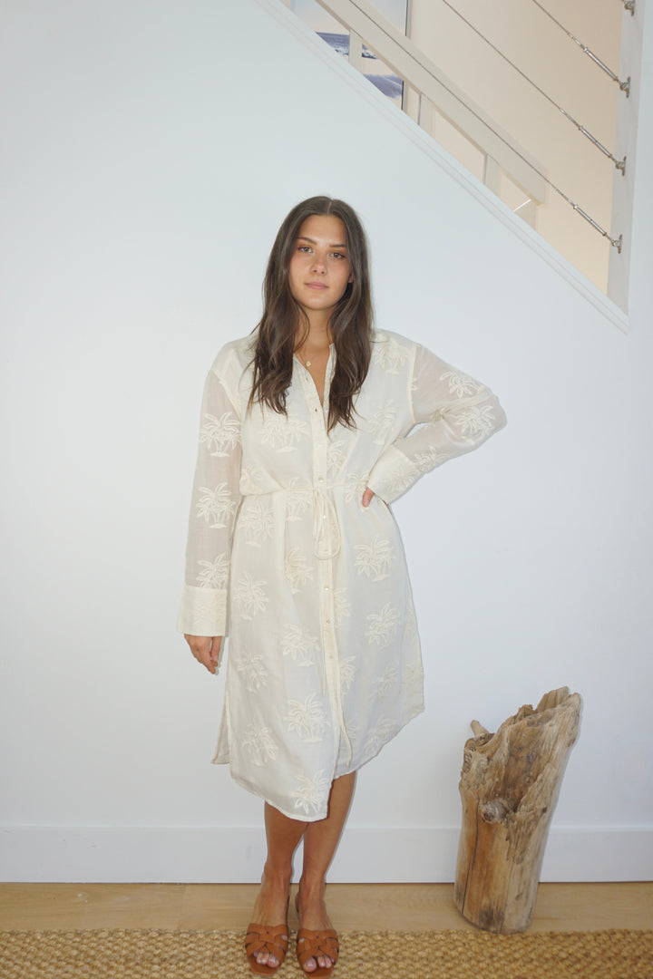 Chambers Sun Dress in Cream Palm Embroidery