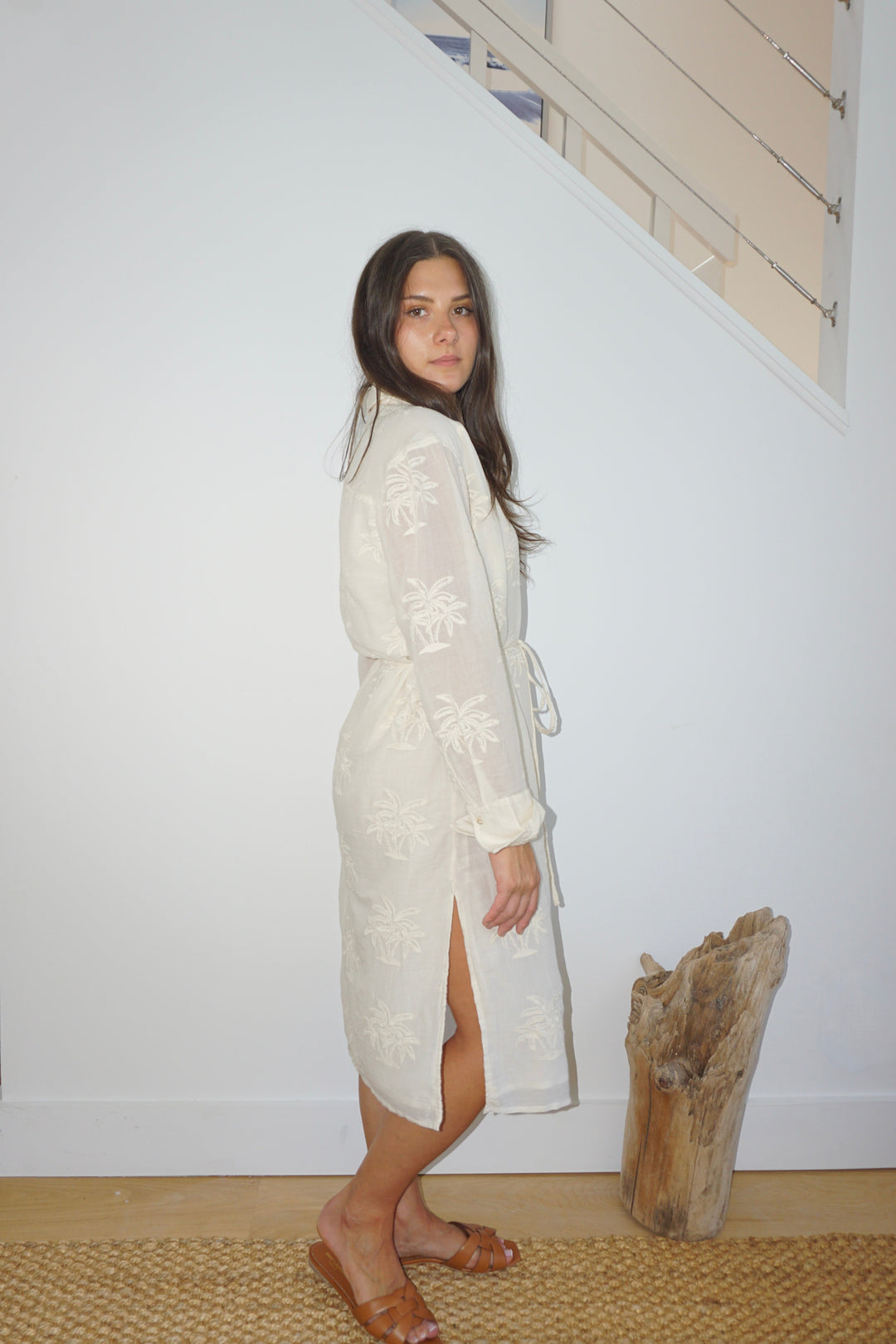 Chambers Sun Dress in Cream Palm Embroidery