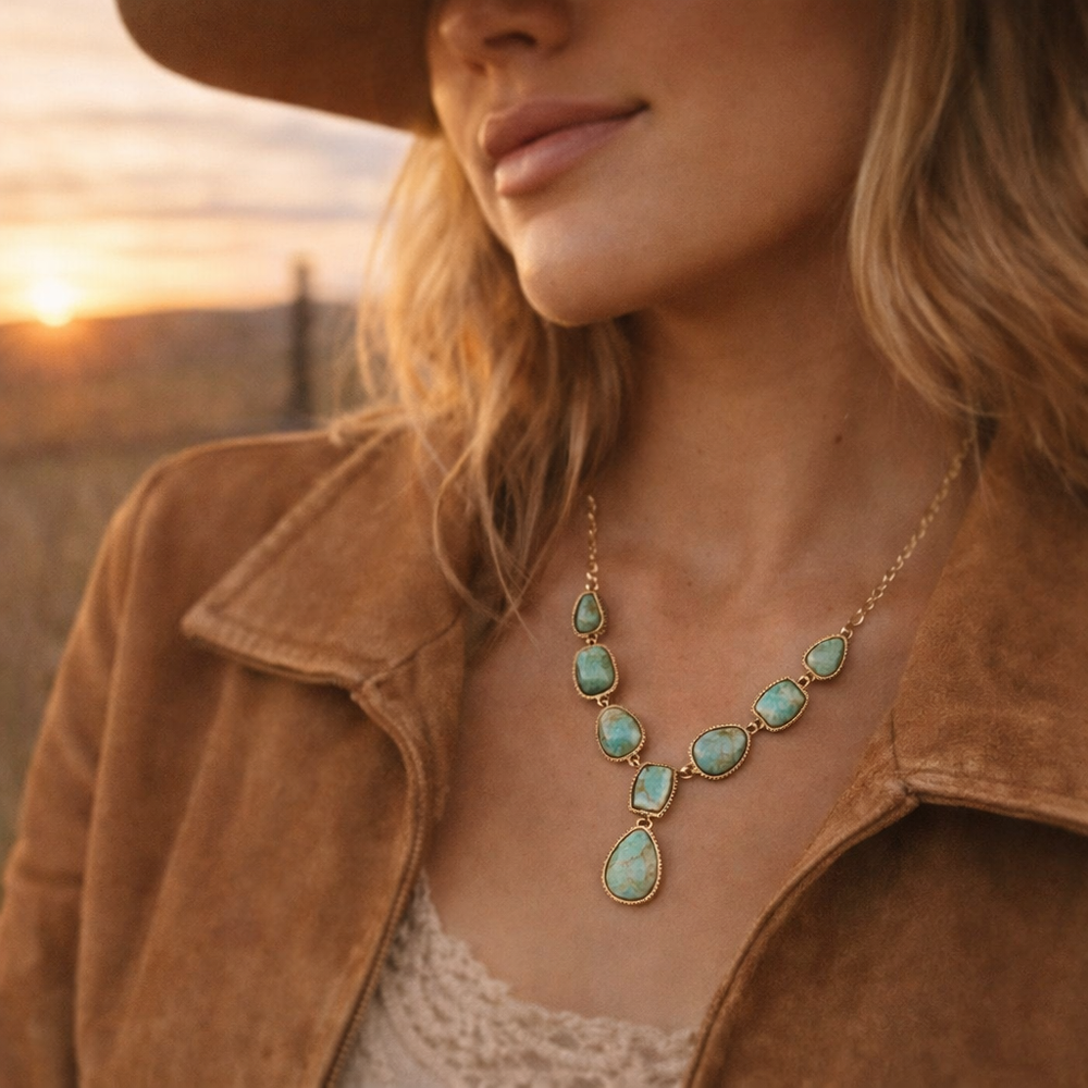 Genuine Blue Turquoise Roped Golden Bronze Y Necklace from KADOU Boutique