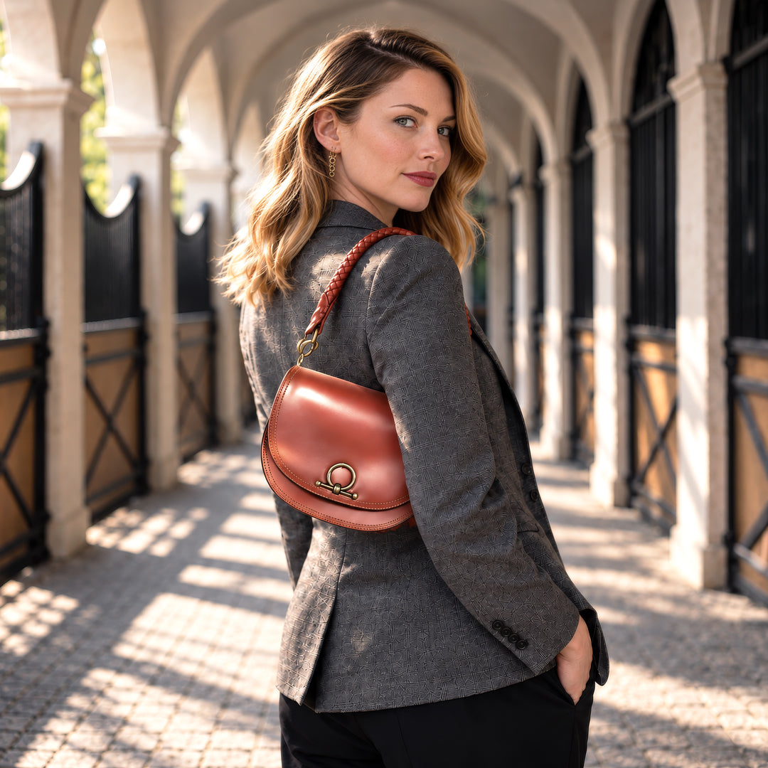 Coronado- Horse Bit Lock Luxury Leather Handbag in Cognac