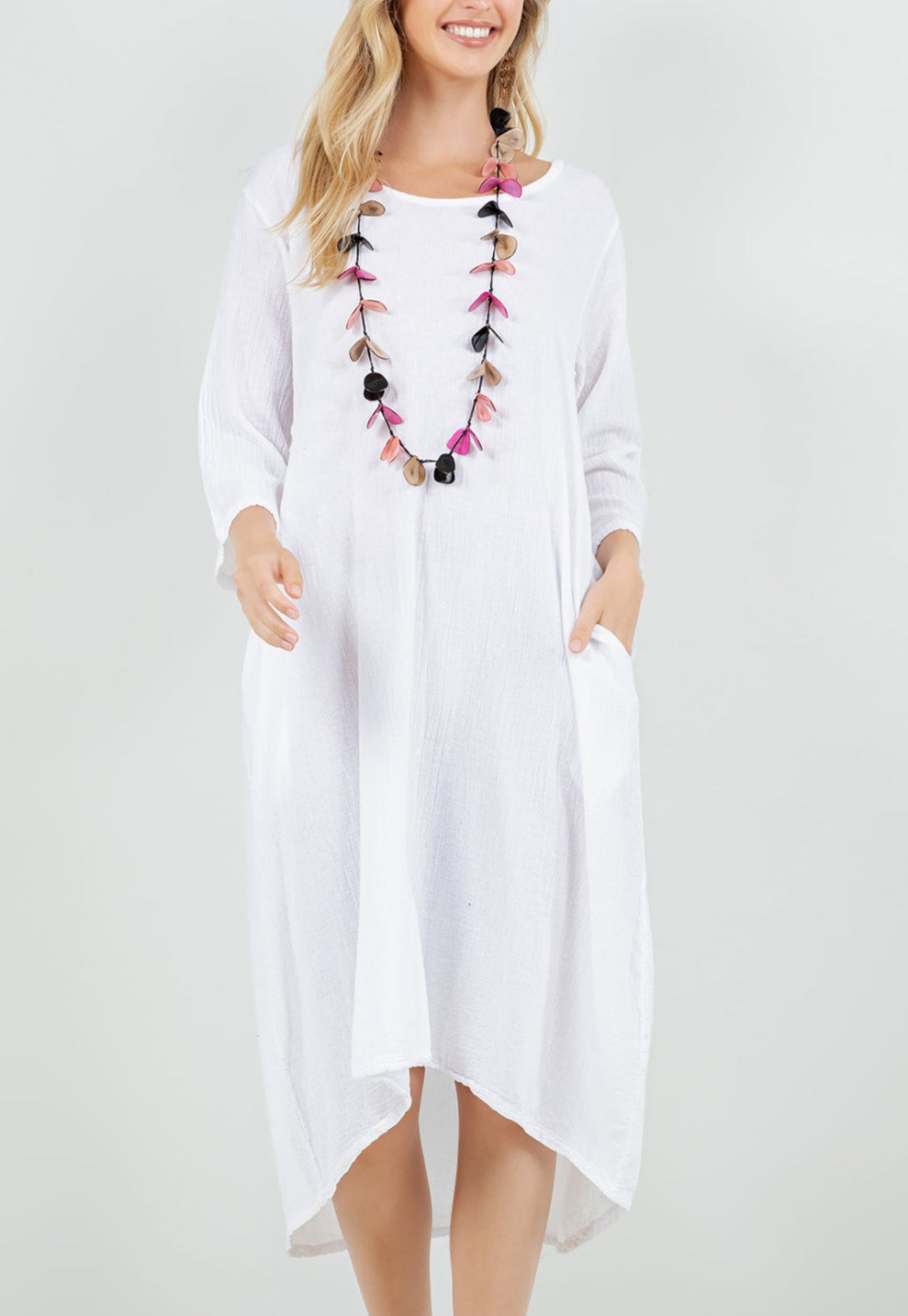 Ellen Our Hi-Low Cotton Gauze Dress with Sleeves and Pockets from KADOU Boutique