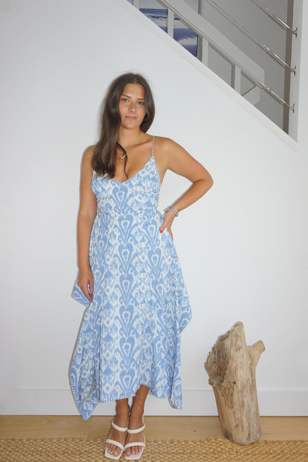Cross Back Dress in Faded Blue Ikat from KADOU Boutique