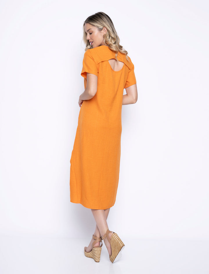 The model is wearing Picadilly Maggy Hi-Lo Midi Dress showing the cutout in the back.