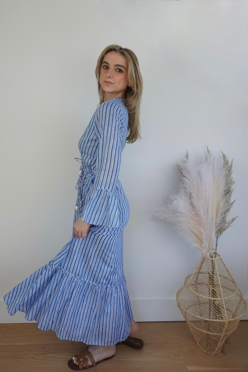 Rhode Wrap Dress in Blue Sea Stripe from KADOU Boutique