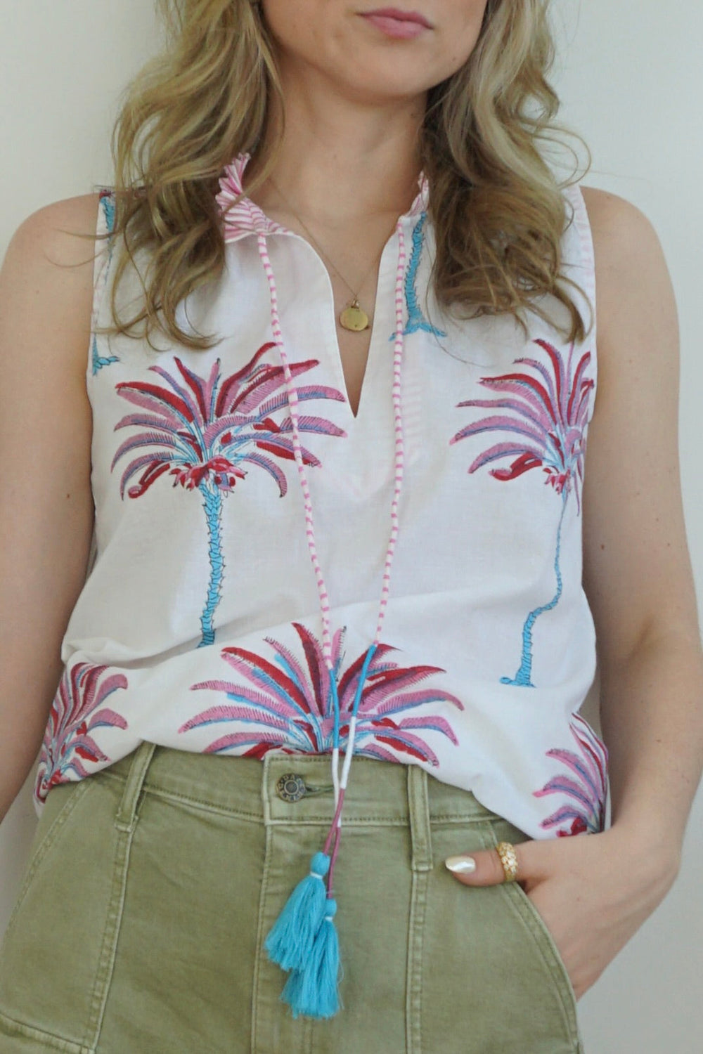 Joss Sleeveless Top - Pink/blue Palms from KADOU Boutique