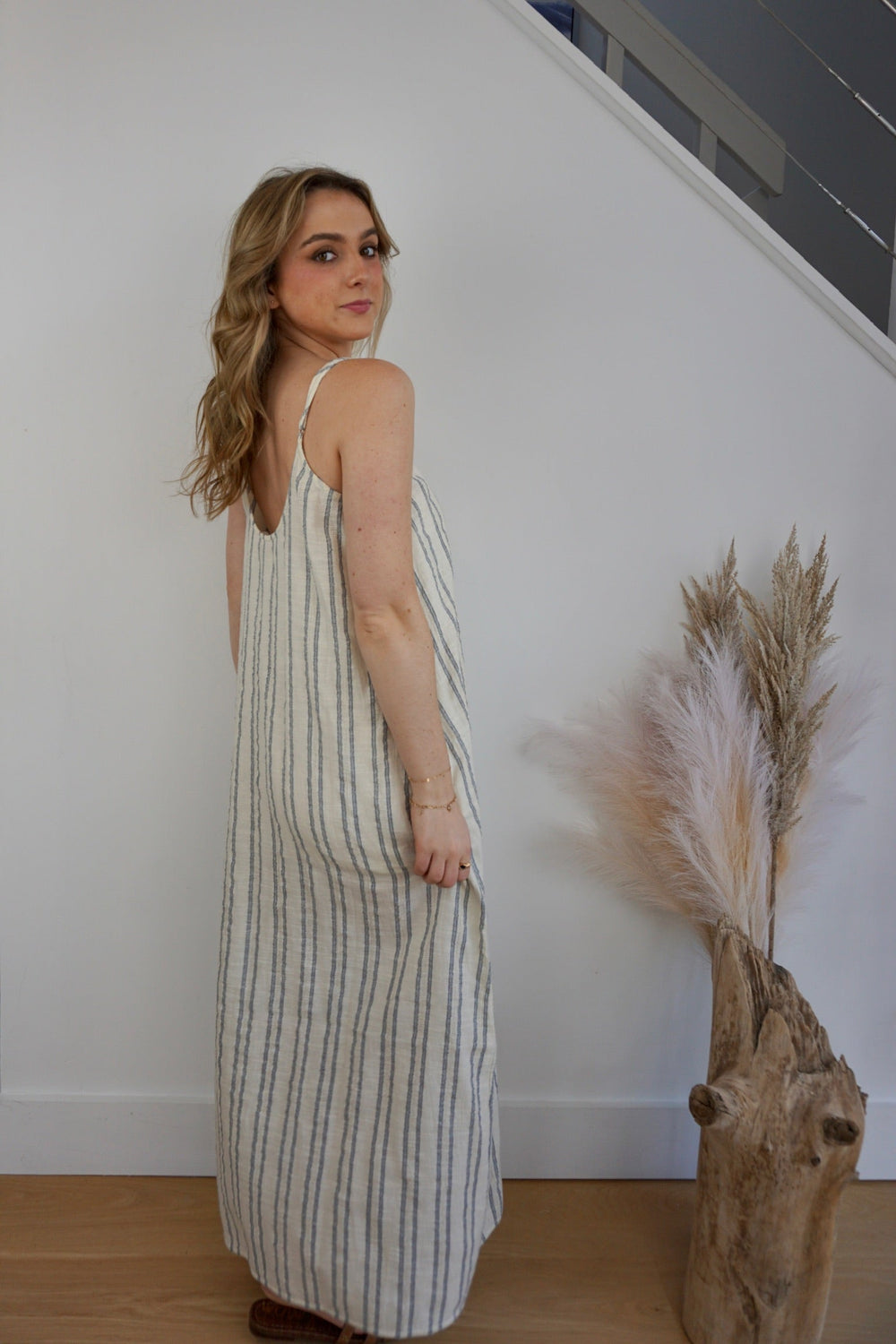 Asher Woven Slip Dress - Grey/cream Stripe from KADOU Boutique