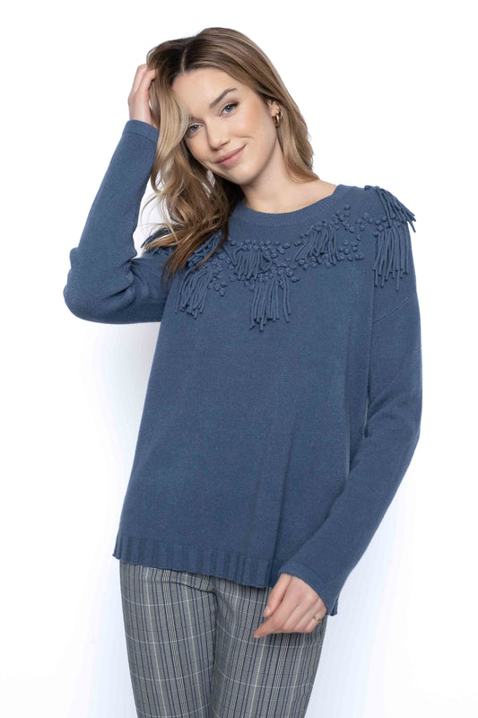The Decorated Neckline Sweater in beautiful allure color. Available at Kadou Boutique. Free Shipping.