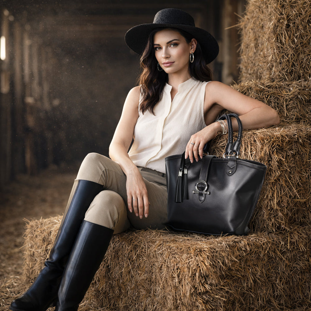 Del Rey -Horse Bit Tote Luxury Leather Handbag in Black from KADOU Boutique