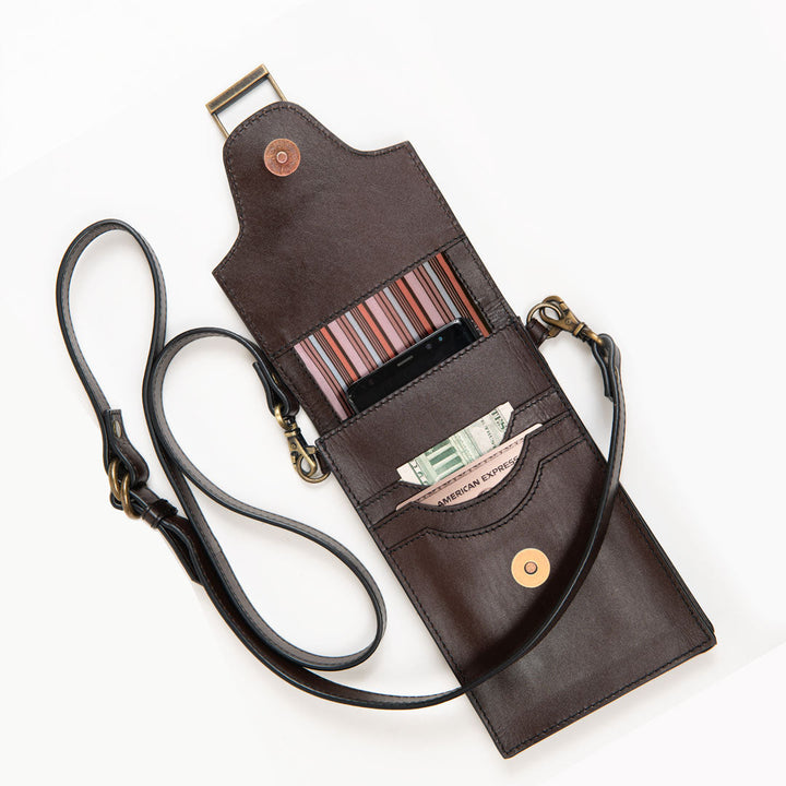 Devon Deluxe Phone Bag - Luxury Leather Handbag in Deep Brown
