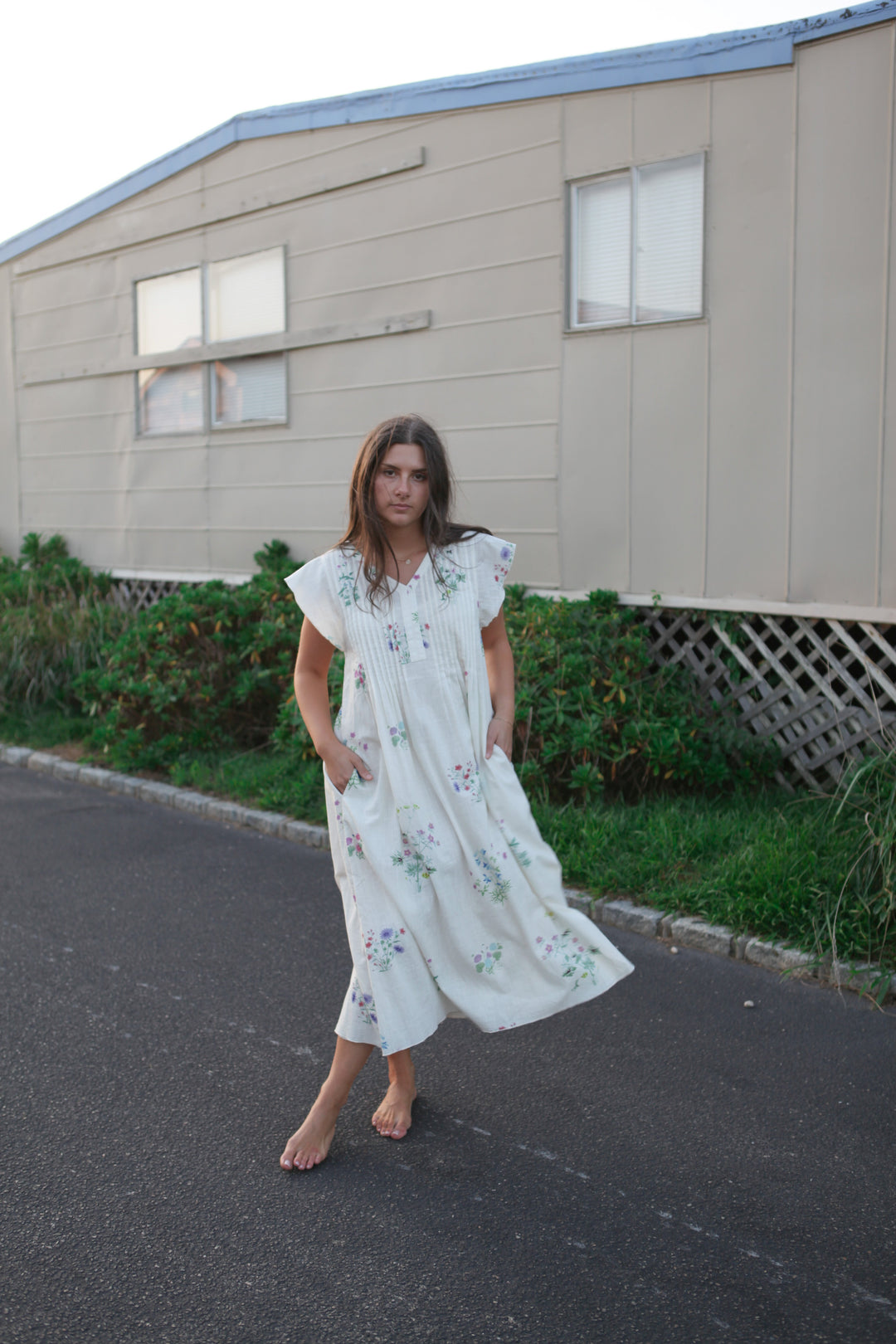 Doris Midi Dress in Cream Botanical