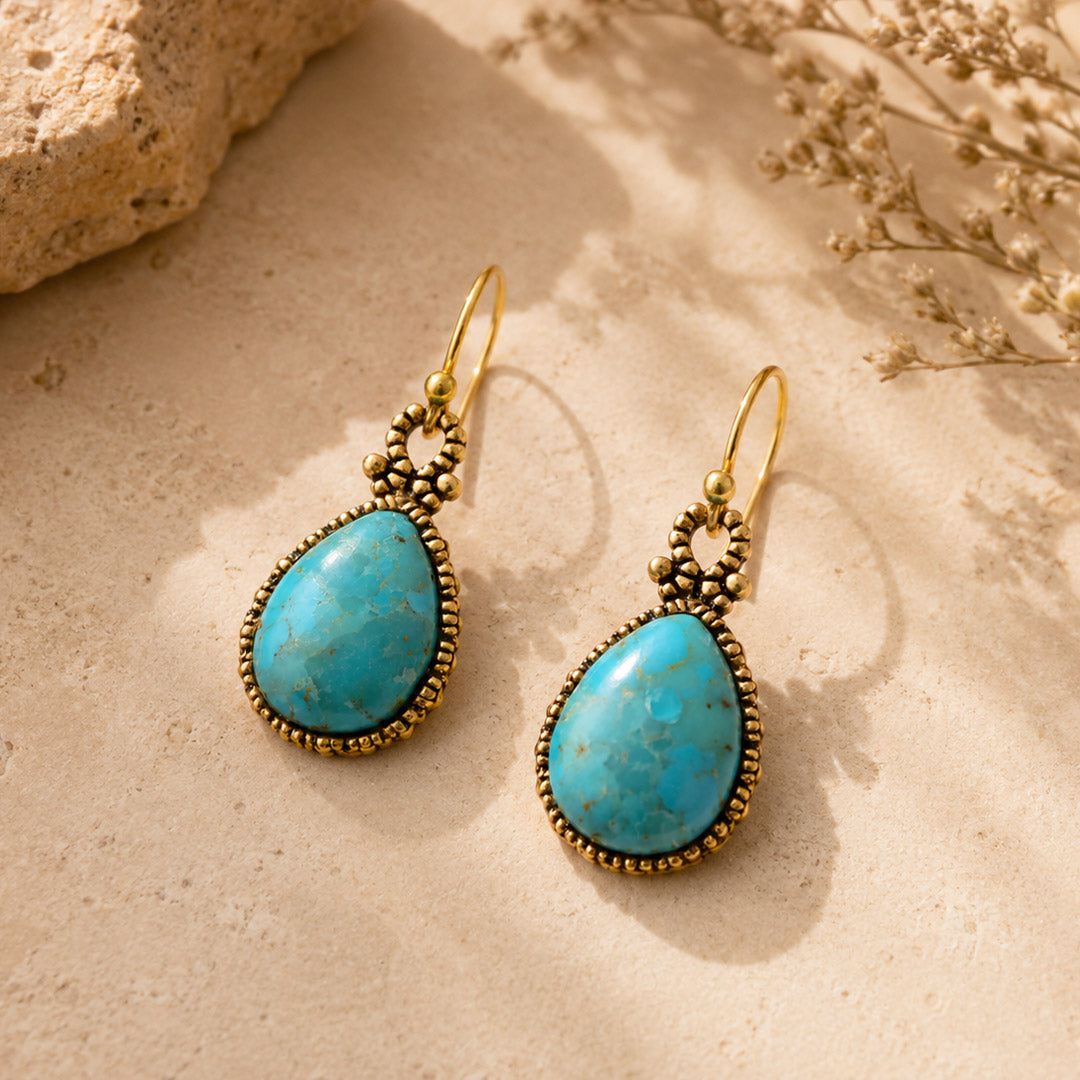 Dreamy Drop Blue Turquoise and Golden Earrings from KADOU Boutique