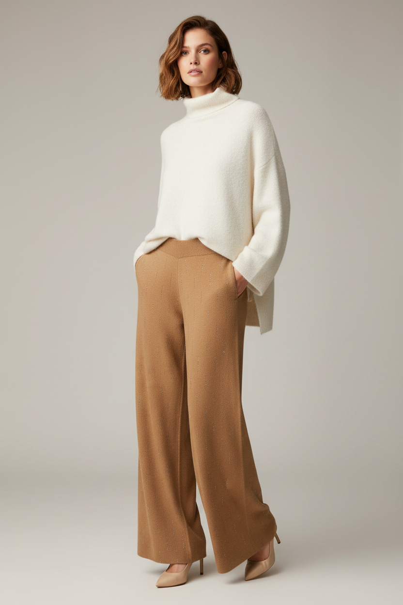 Embellished wide leg knit pants for women