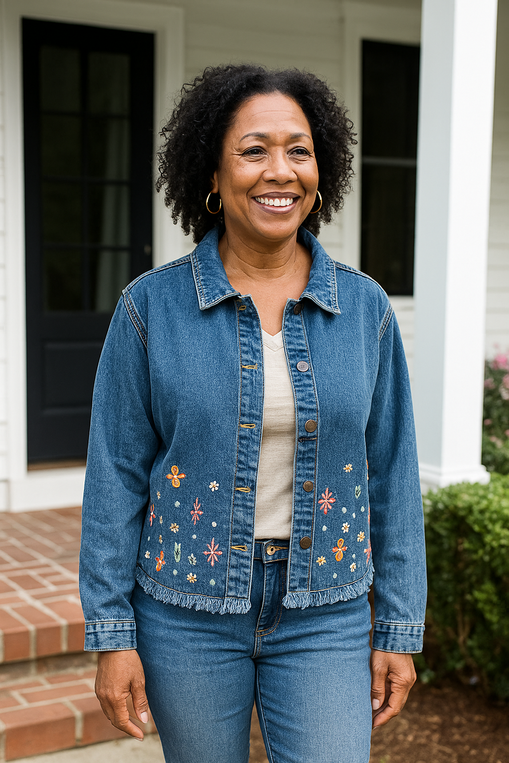 Woman wearing a denim jacket with floral embroidery standing in front of a house.