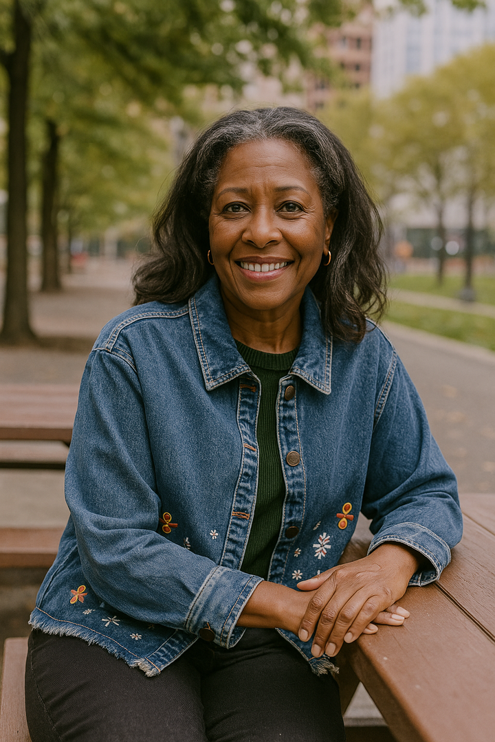 Woman sitting on a park bench wearing a denim jacket with floral embroidery.