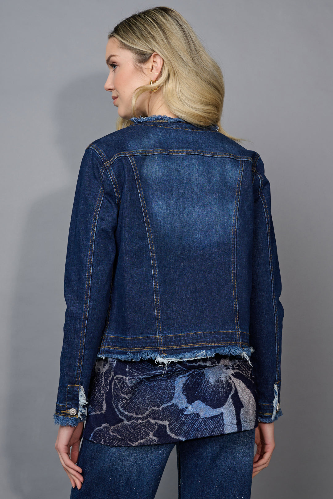 Collarless Frayed Edge Denim Jacket