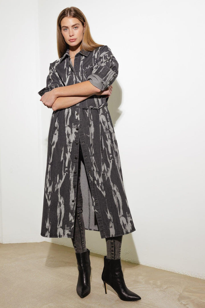HERE &amp; NOW WOVEN DENIM MIDI SHIRT DRESS