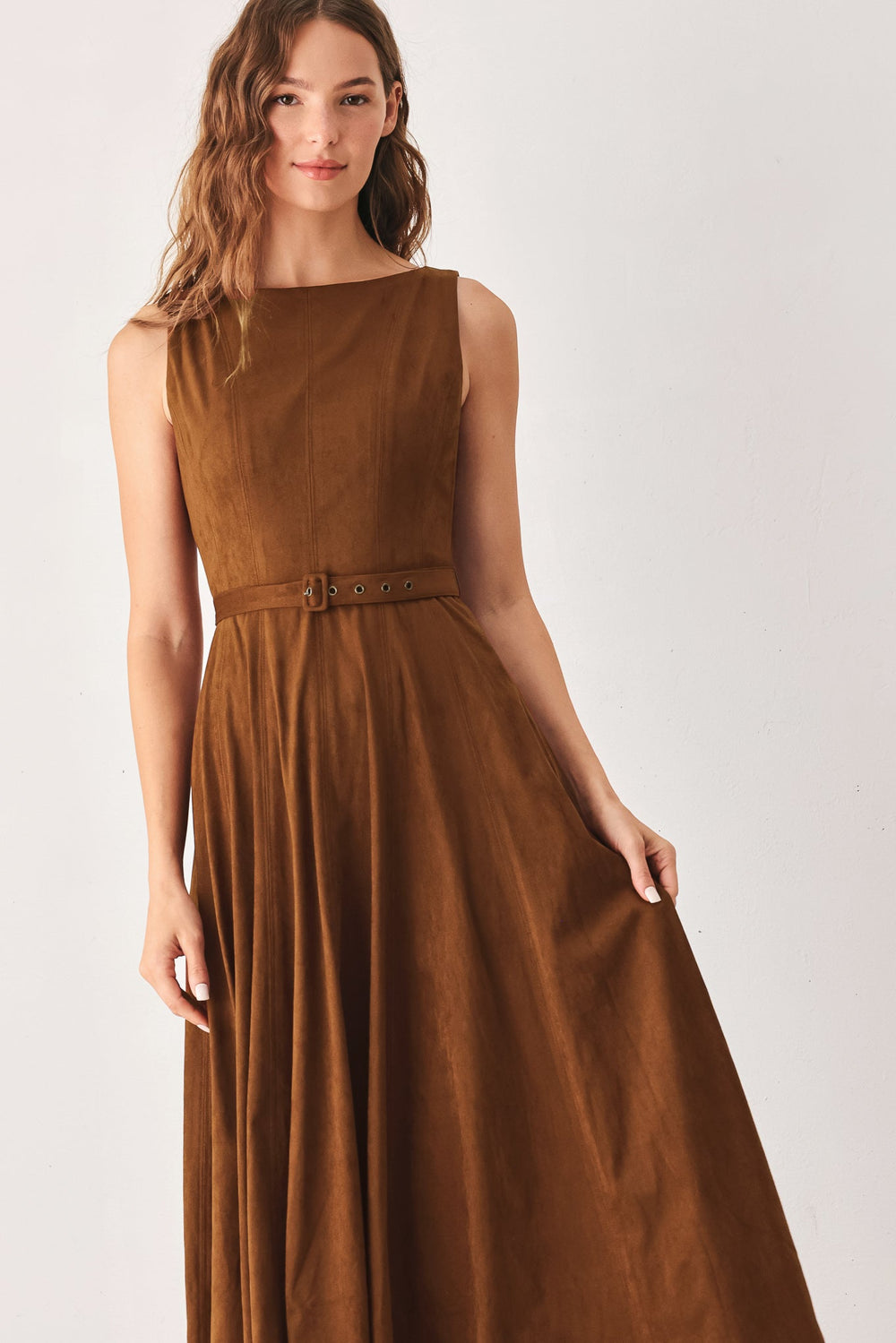 Amber Tobacco Faux Suede Midi Dress from KADOU Boutique