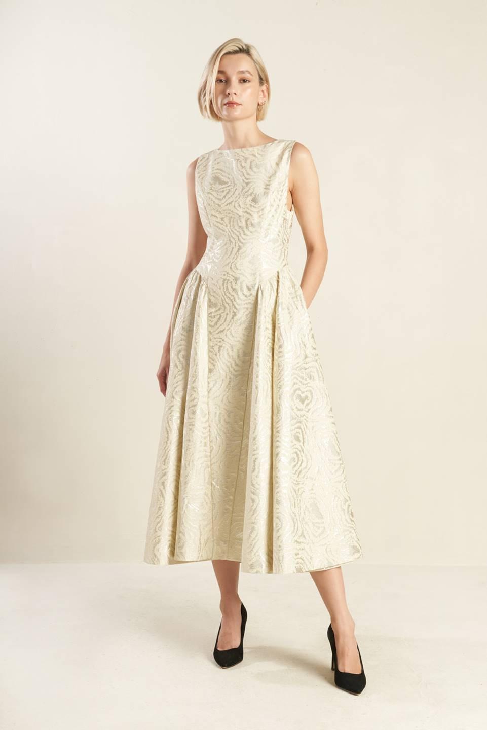 Check Yourself Champagne Woven Midi Dress from KADOU Boutique