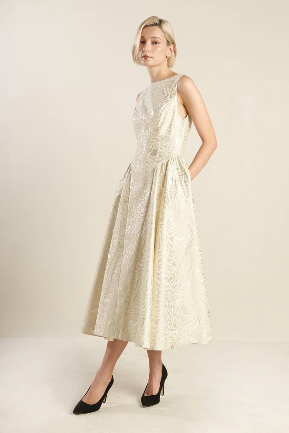 Check Yourself Champagne Woven Midi Dress from KADOU Boutique