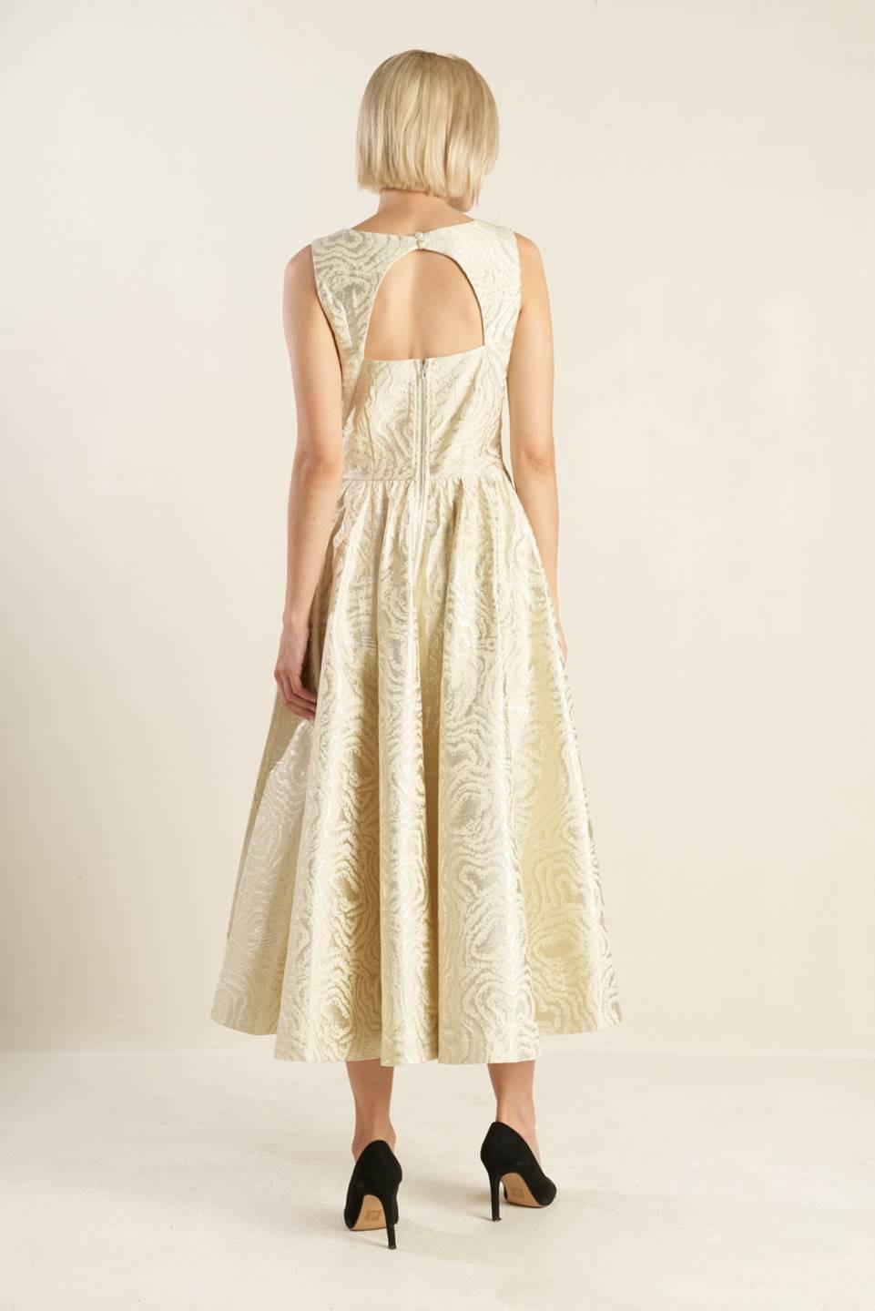Check Yourself Champagne Woven Midi Dress from KADOU Boutique