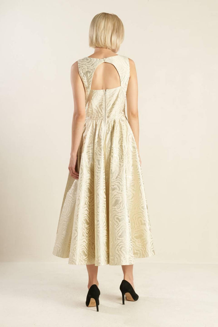 Check Yourself Champagne Woven Midi Dress from KADOU Boutique