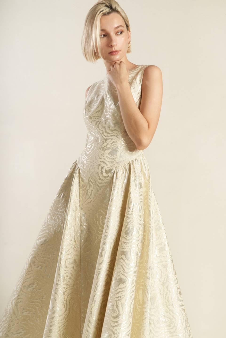 Check Yourself Champagne Woven Midi Dress from KADOU Boutique