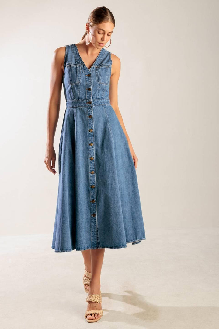 The Journey Begins blue denim midi dress from KADOU Boutique