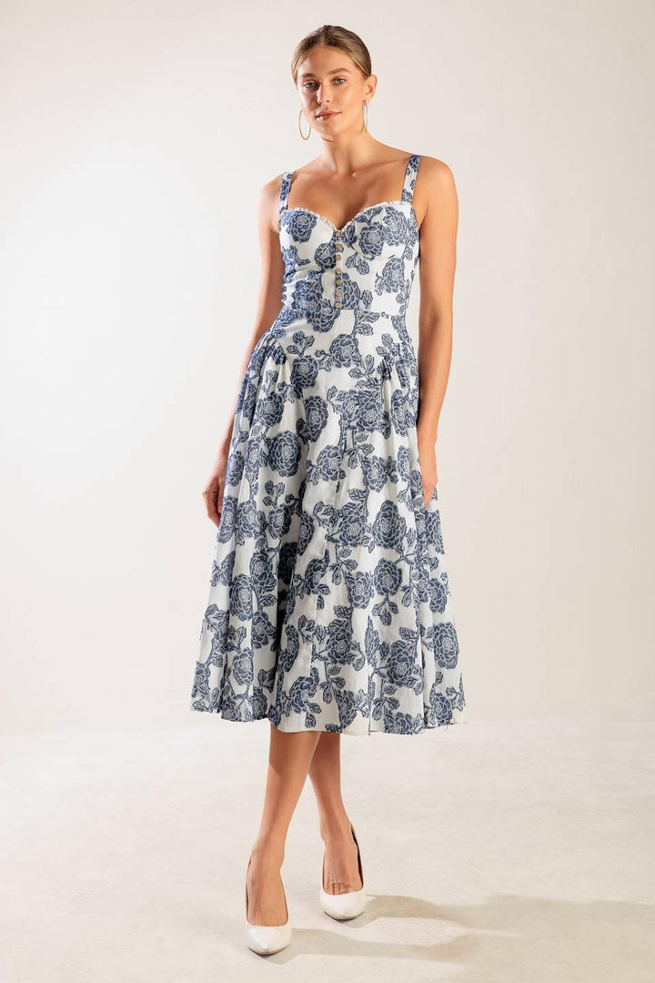 EXPLORING NEW INTERESTS WOVEN MIDI DRESS