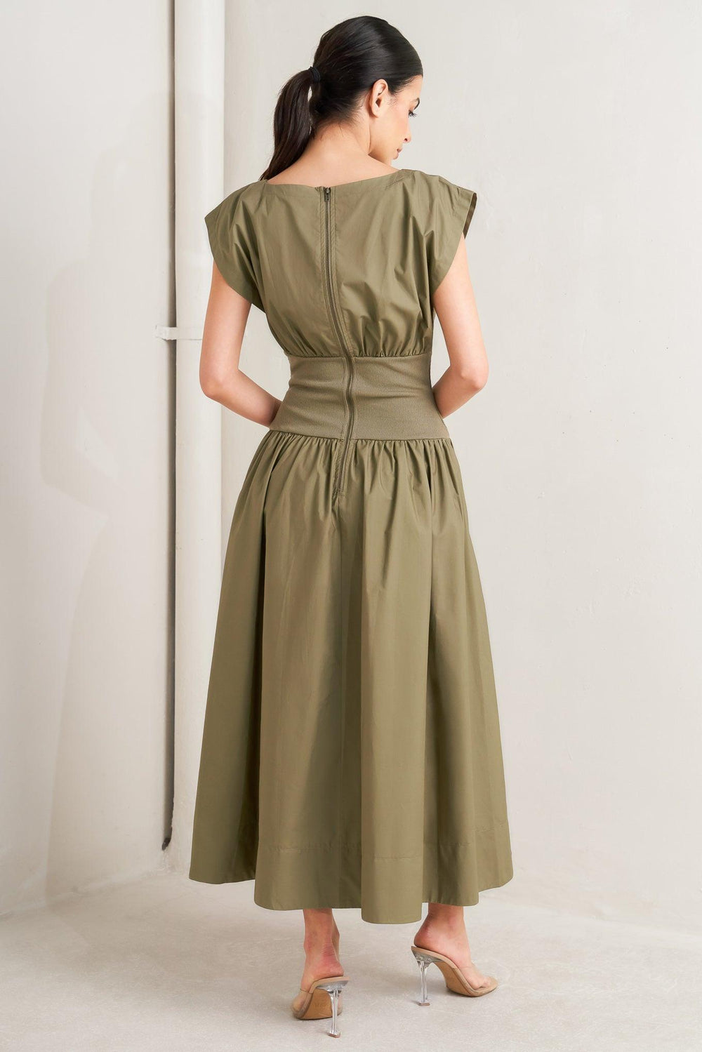 Dreamweaver Romantic Olive Woven Midi Dress from KADOU Boutique