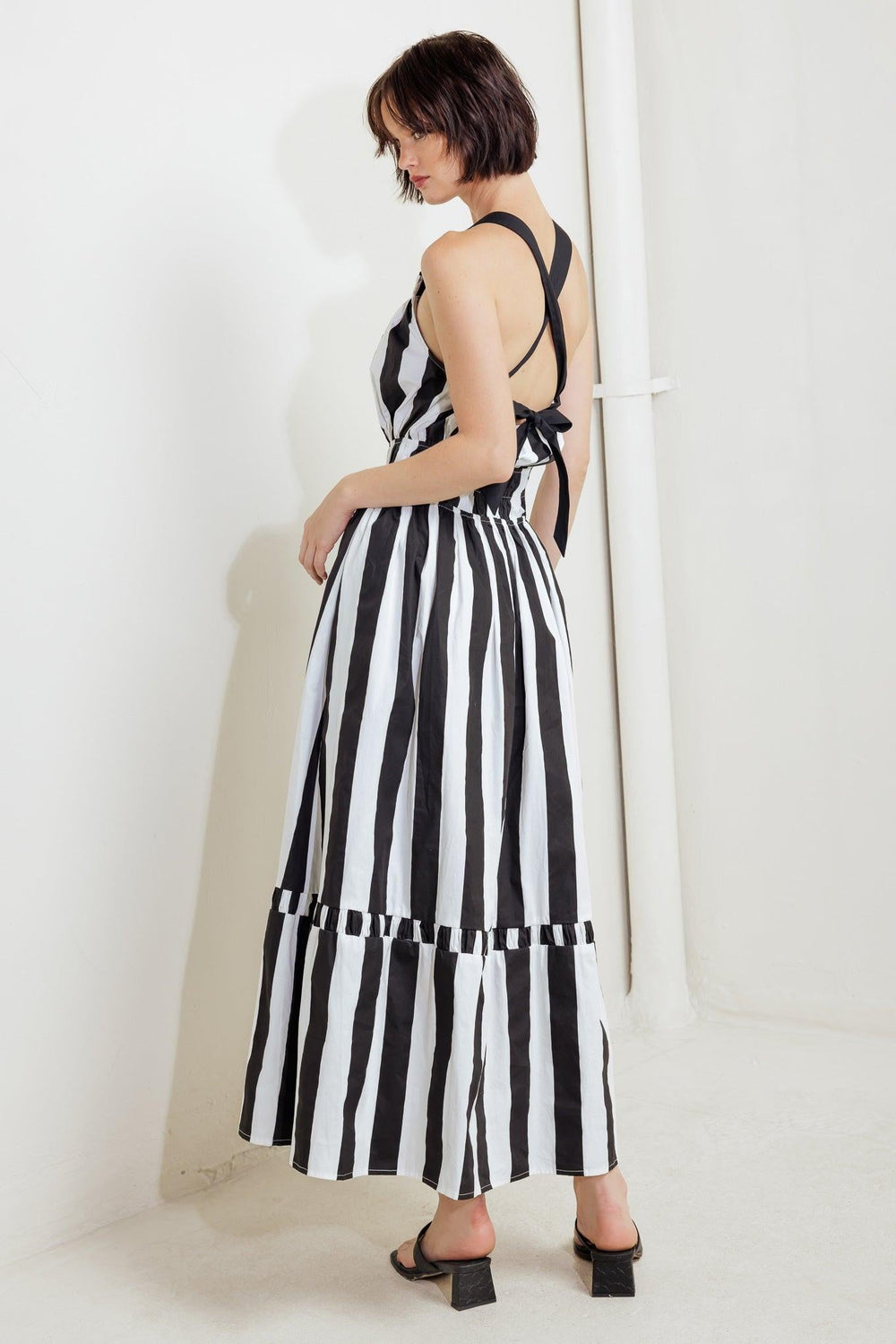 Luxe Linear Striped Woven Midi Dress from KADOU Boutique