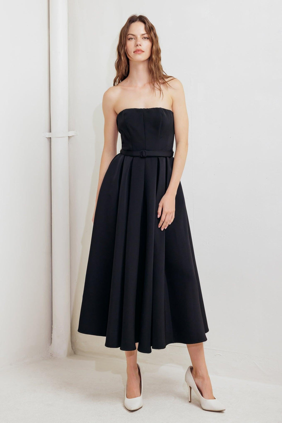 Black Tie Muse Woven Midi Dress from KADOU Boutique