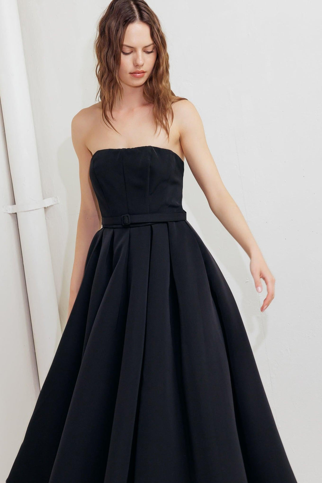 Black Tie Muse Woven Midi Dress from KADOU Boutique