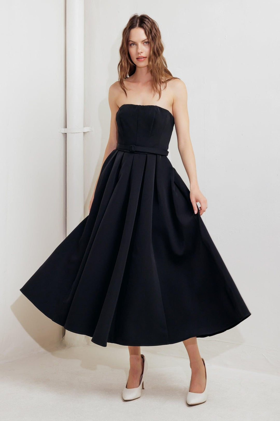 Black Tie Muse Woven Midi Dress from KADOU Boutique