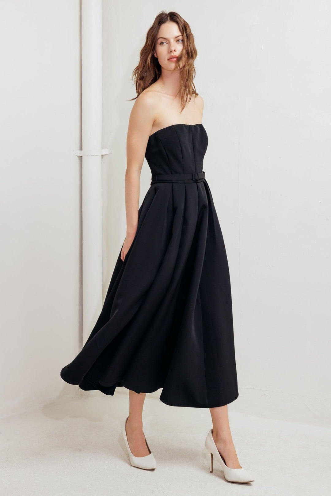 Black Tie Muse Woven Midi Dress from KADOU Boutique