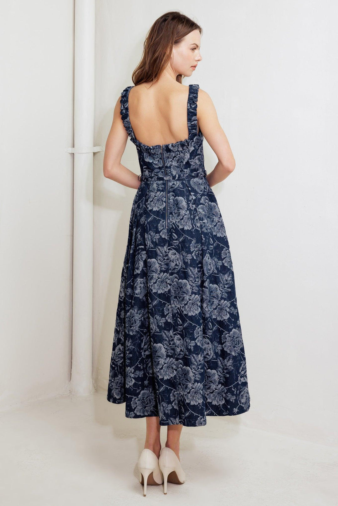 DUSK ROSE WOVEN DENIM MIDI DRESS