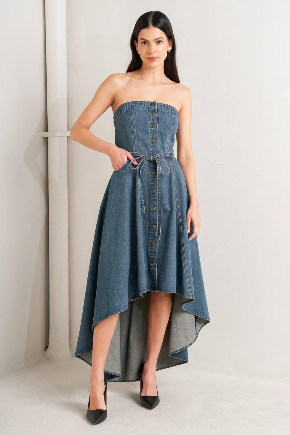 denim midi dress strapless Denim Strapless Stretchy Denim Midi Dress
