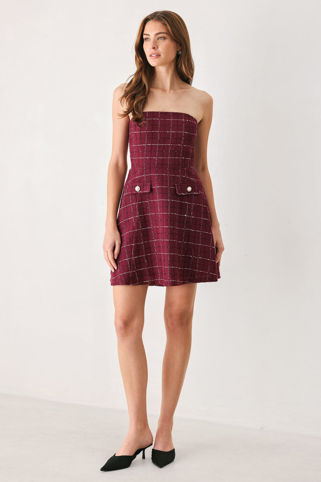 TWEED DOLL WINE WOVEN MINI DRESS