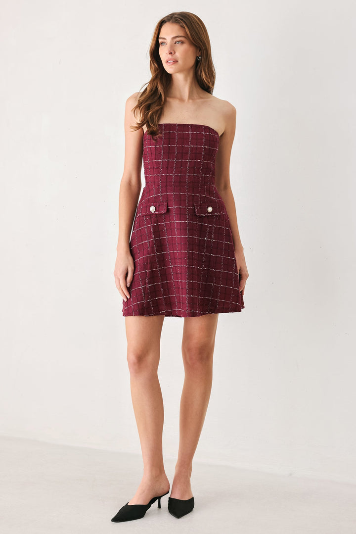 TWEED DOLL WINE WOVEN MINI DRESS