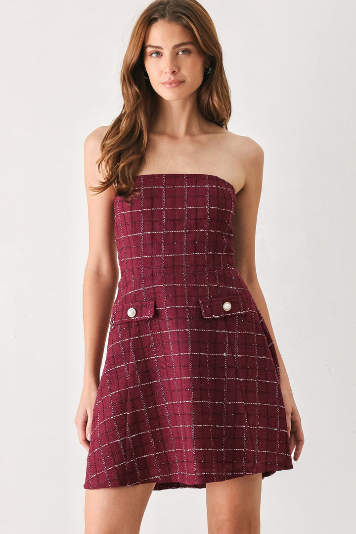 TWEED DOLL WINE WOVEN MINI DRESS